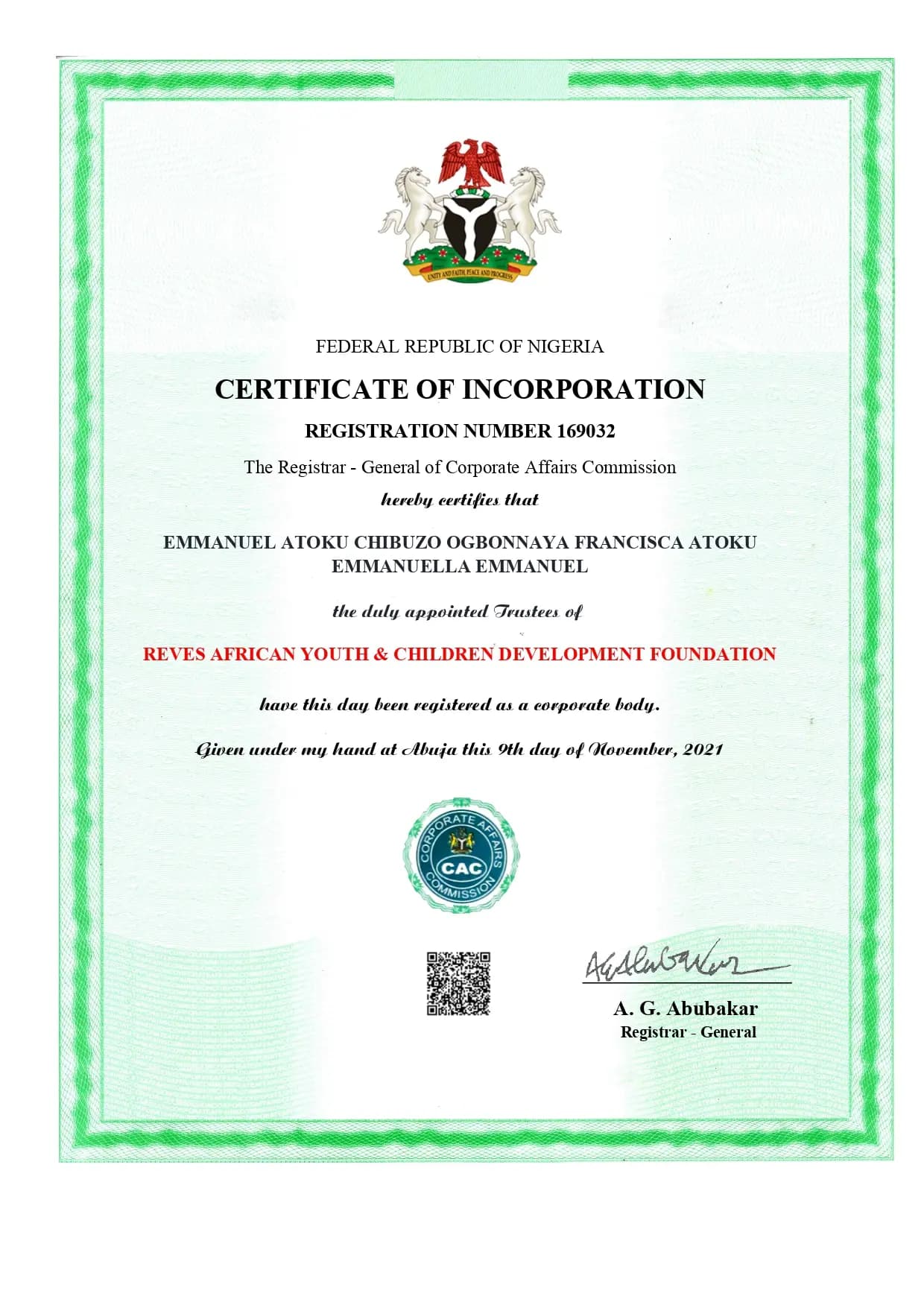 Reves foundation certificate